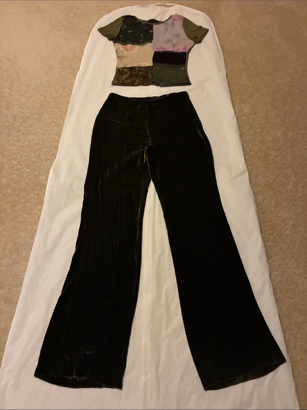 Women’s olive green velvet pants with a  matching top
